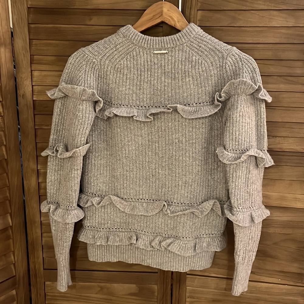 MICHAEL Michael Kors Rib Ruffle Sweater XXS Gray Wool Cashmere Chunky Knit - Picture 4 of 10